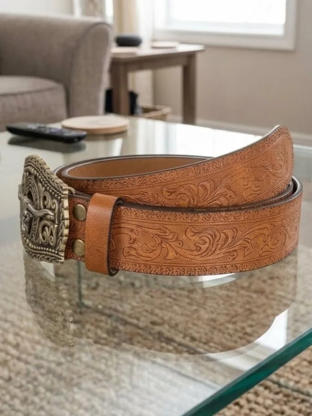 Men's Western Longhorn Buckle Floral Belt 31-34